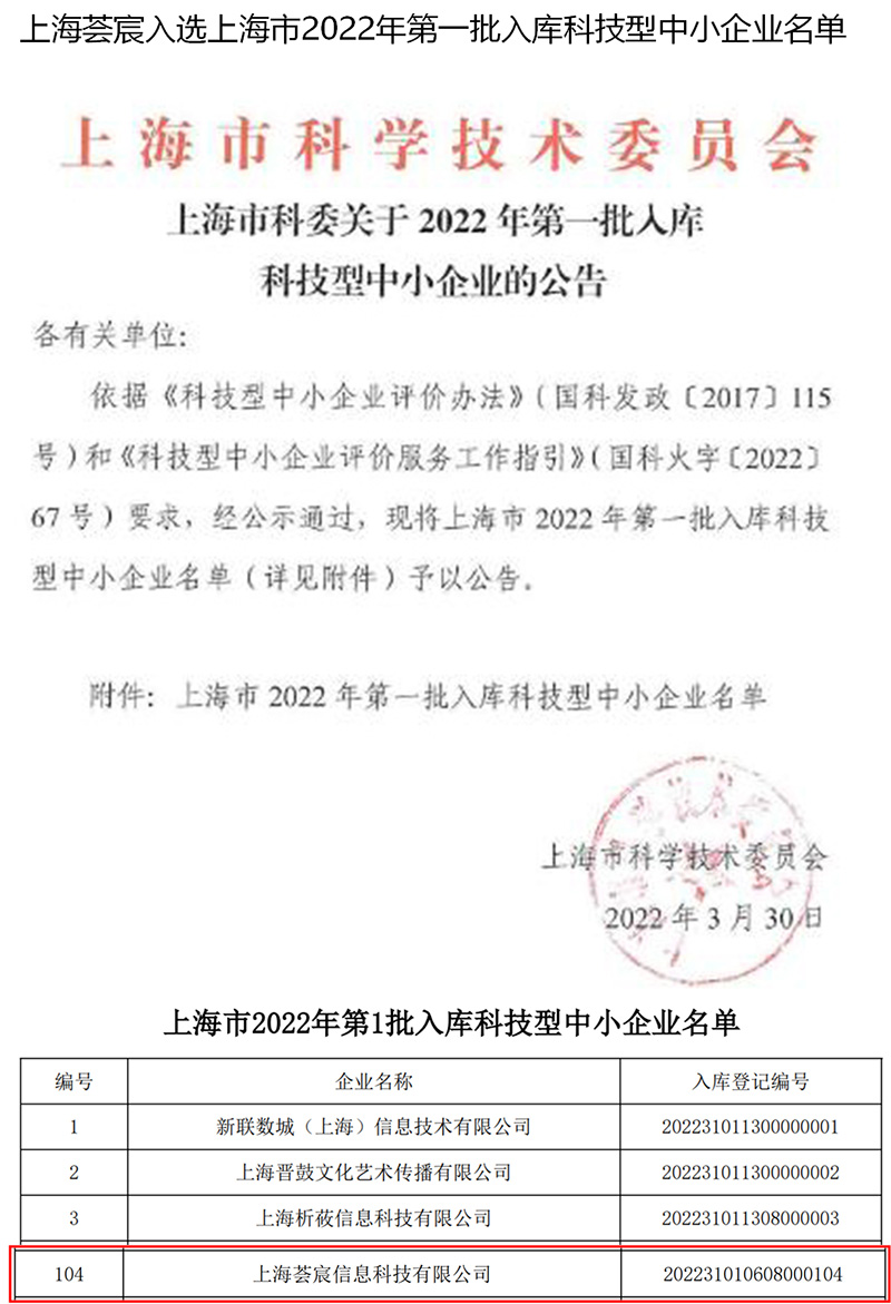 荣誉-上海市2022年第一批入库科技型中小企业名单